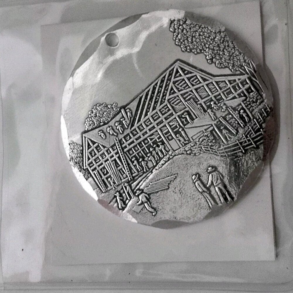 Wendell August Ornament Amish Barn Raising Hammered Aluminum Farm 2 3/16"
